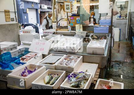 Fresh fish fishmongers stall in Nishiki market,Downtown Kyoto,Japan,Asia Stock Photo