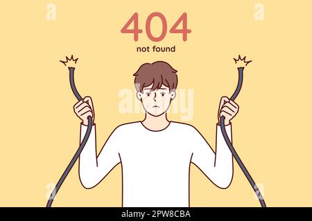 Eror 404 with sad man holding broken wire and having trouble accessing internet site Stock Vector
