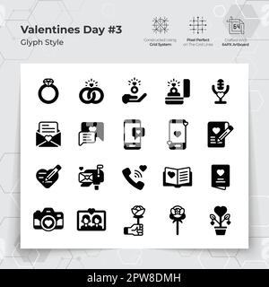 Valentine's day icons set in glyph black fill style with wedding gifts and chat themed. A Collection of love and romance vector symbols for Valentine's Day celebration. Stock Vector