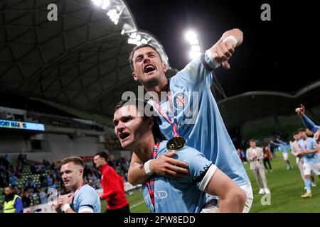 Melbourne, Australia, 28 April, 2023. Melbourne City celebrate their win during the A-League Men's football match between Melbourne City and Western Sydney Wanderers at AAMI Park on April 28, 2023 in Melbourne, Australia. Credit: Dave Hewison/Speed Media/Alamy Live News Stock Photo