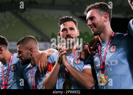 Melbourne, Australia, 28 April, 2023. Melbourne City celebrate their win during the A-League Men's football match between Melbourne City and Western Sydney Wanderers at AAMI Park on April 28, 2023 in Melbourne, Australia. Credit: Dave Hewison/Speed Media/Alamy Live News Stock Photo