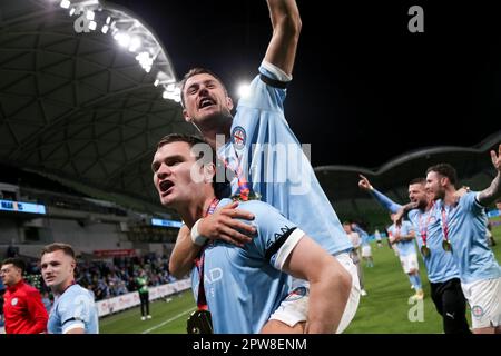 Melbourne, Australia, 28 April, 2023. Melbourne City celebrate their win during the A-League Men's football match between Melbourne City and Western Sydney Wanderers at AAMI Park on April 28, 2023 in Melbourne, Australia. Credit: Dave Hewison/Alamy Live News Stock Photo