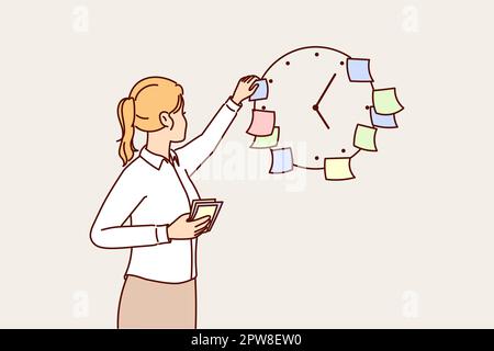 Business woman using stickers on clock to meet deadlines set by manager and launch project on time Stock Vector