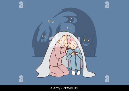 Teenage boy and girl sit wrapped in blanket scared of ghosts after watching scary movie Stock Vector