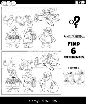 differences game with Santa Clauses characters coloring page Stock Vector