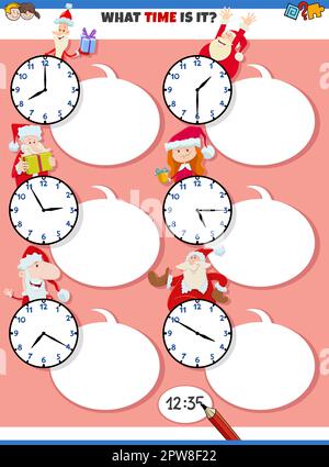 telling time educational task with cartoon Christmas characters Stock Vector