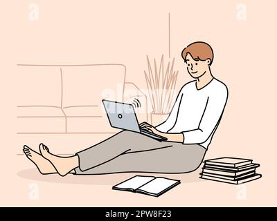 Man student sits on floor with laptop on knees near books receives distance education Stock Vector