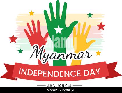 Celebrating Myanmar Independence Day on January 4th with Flags in Flat Cartoon Background Hand Drawn Templates Illustration Stock Vector