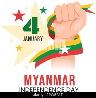 Celebrating Myanmar Independence Day on January 4th with Flags in Flat Cartoon Background Hand Drawn Templates Illustration Stock Vector