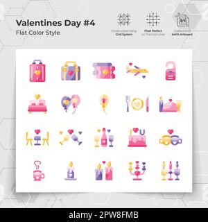 Valentine's day icons set in flat color style with holiday travelling and dinner themed. A Collection of love and romance vector symbols for Valentine's Day celebration. Stock Vector