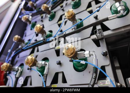 Bucharest, Romania - April 28, 2023: Details with very high pressure equipment inside a Romanian firefighter truck. Stock Photo