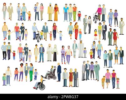 Large group of diverse people, parents and children, family groups isolated on white illustration Stock Vector