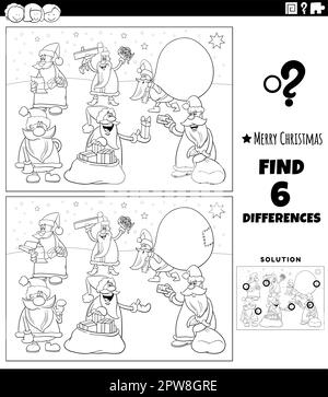 differences game with Santa Clauses characters coloring page Stock Vector