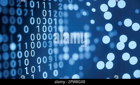 Blue digital binary data code on screen. Abstract tech binary code background in color blue, digital binary data and secure data concept. Close-up sha Stock Photo