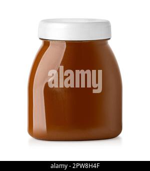 Hazelnut spread chocolate jar on white background with clipping path Stock Photo