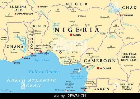 Nigeria and West Africa countries on the Gulf of Guinea, political map Stock Vector