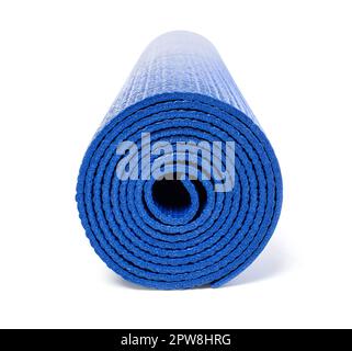 one roll up the blue yoga mat for fitness and pilates, on white background, isolated with clipping path Stock Photo