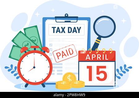 Tax Day Illustration with Clipboard Form, Clock, Calendar and Coins Money for Web Banner or Landing Page in Flat Cartoon Hand Drawn Templates Stock Vector