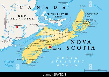 Nova Scotia, Maritime and Atlantic province of Canada, political map Stock Vector