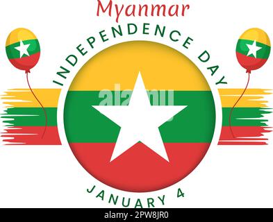 Celebrating Myanmar Independence Day on January 4th with Flags in Flat Cartoon Background Hand Drawn Templates Illustration Stock Vector