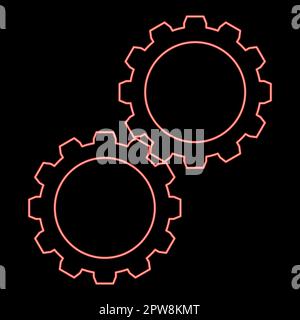 Neon two gears gearwheel cog set Cogwheels connected in working mechanism red color vector illustration image flat style Stock Vector