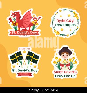 Happy St David's Day Label Flat Cartoon Hand Drawn Templates Background Illustration Stock Vector