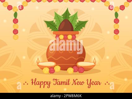 Happy Tamil New Year Illustration with Vishu Flowers, Pots and Indian Hindu Festival in Flat Cartoon Hand Drawn for Landing Page Templates Stock Vector