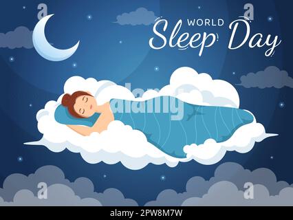 World Sleep Day on March 17 Illustration with People Sleeping and Planet Earth in Sky Backgrounds Flat Cartoon Hand Drawn for Landing Page Templates Stock Vector