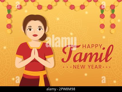 Happy Tamil New Year Illustration with Vishu Flowers, Pots and Indian Hindu Festival in Flat Cartoon Hand Drawn for Landing Page Templates Stock Vector