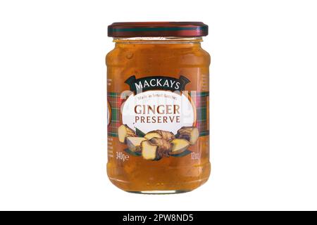 Photo of Mackays Ginger Preserve jar isolated on white. Stock Photo