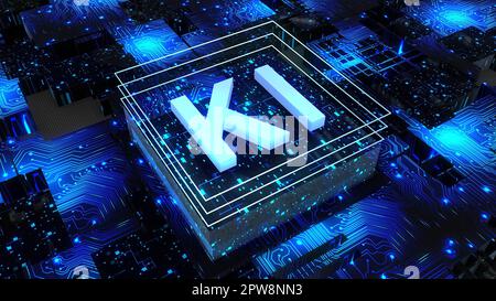 Artificial Intelligence (in german Kuenstliche Intelligenz), KI - abstract processor on printed circuit board, computer digital chip technology Stock Photo