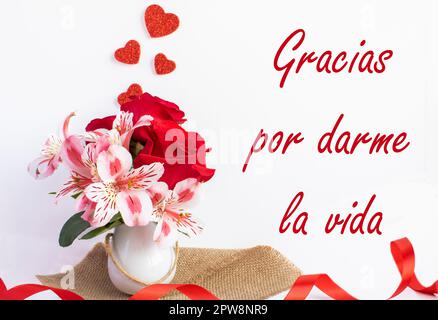 Small white vase with red roses and pink flowers on jute with a red ribbon that says 'thank you for giving me life' in Spanish. Stock Photo