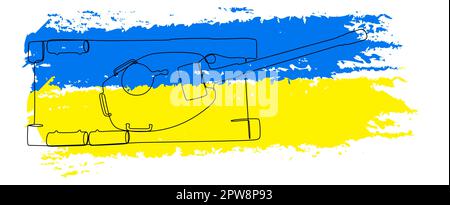 One continuous line of tank or armored vehicle with flags color in the background. Stock Vector