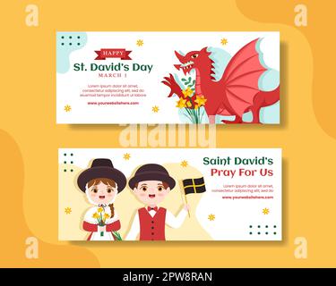 Happy St David's Day Horizontal Banner Flat Cartoon Hand Drawn Templates Background Illustration Stock Vector