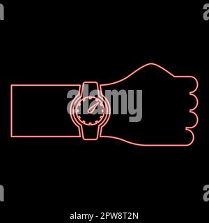 Neon wristwatch on hand Time on watch hand red color vector illustration image flat style Stock Vector