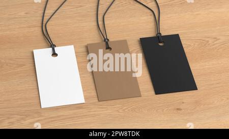 White, cardboard, black rectangular tags mockup on wooden background. Side view Stock Photo