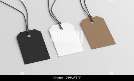 White, cardboard, black tags mockup on white background. Side view Stock Photo