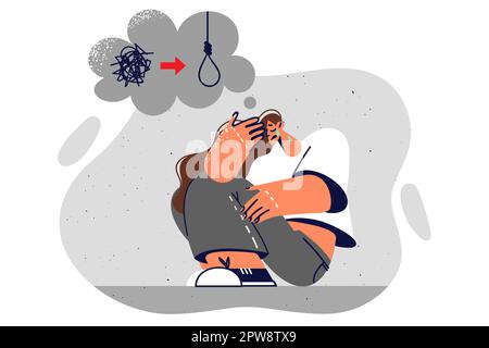 Depressed woman sits on ground contemplating suicide due to unresolved issues in personal life Stock Vector