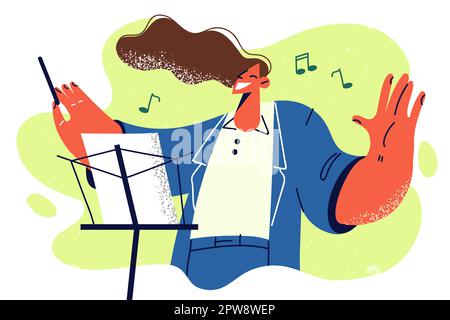 Happy woman conductor controls orchestra standing near rack with notes enjoys instrumental music Stock Vector