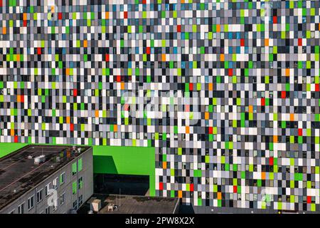 The Netherlands, Utrecht, University of Utrecht. Colourful apartment building called Casa Confetti. Student housing. Aerial. Stock Photo