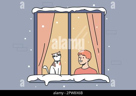 Smiling boy and cat in window during winter Stock Vector