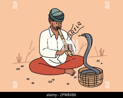 Man in turban play on flute for cobra Stock Vector