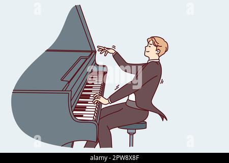 Man pianist masterfully plays classical music while sitting in tuxedo for performances Stock Vector