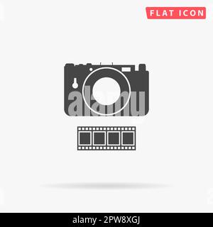 Photography camera and film. Simple flat black symbol with shadow on white background. Vector illustration pictogram Stock Vector