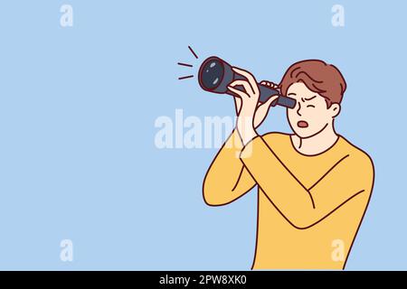 Guy is looking through spyglass while looking at sights or watching rare astronomical phenomenon Stock Vector