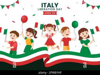 Italy Liberation Day Illustration with Kids, Holiday Celebrate on April 25 and Wave Flag Italian in Flat Cartoon Hand Drawn for Landing Page Templates Stock Vector