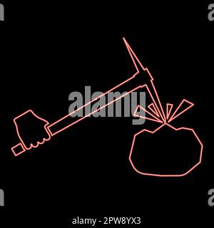 Neon pickaxe mining beats stones flying Holding in hand red color vector illustration image flat style Stock Vector