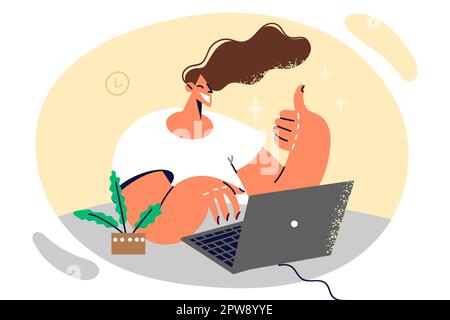 Woman freelancer typing text on laptop keyboard showing thumb up and smiling working remotely Stock Vector