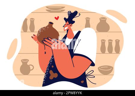 Woman employee of pottery store demonstrates vase made from natural clay for sale at crafts fair Stock Vector