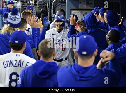 Los Angeles Dodgers right fielder Mookie Betts (50) and second baseman  Miguel Vargas (17) during a MLB game against the San Diego Padres,  Saturday, Ma Stock Photo - Alamy